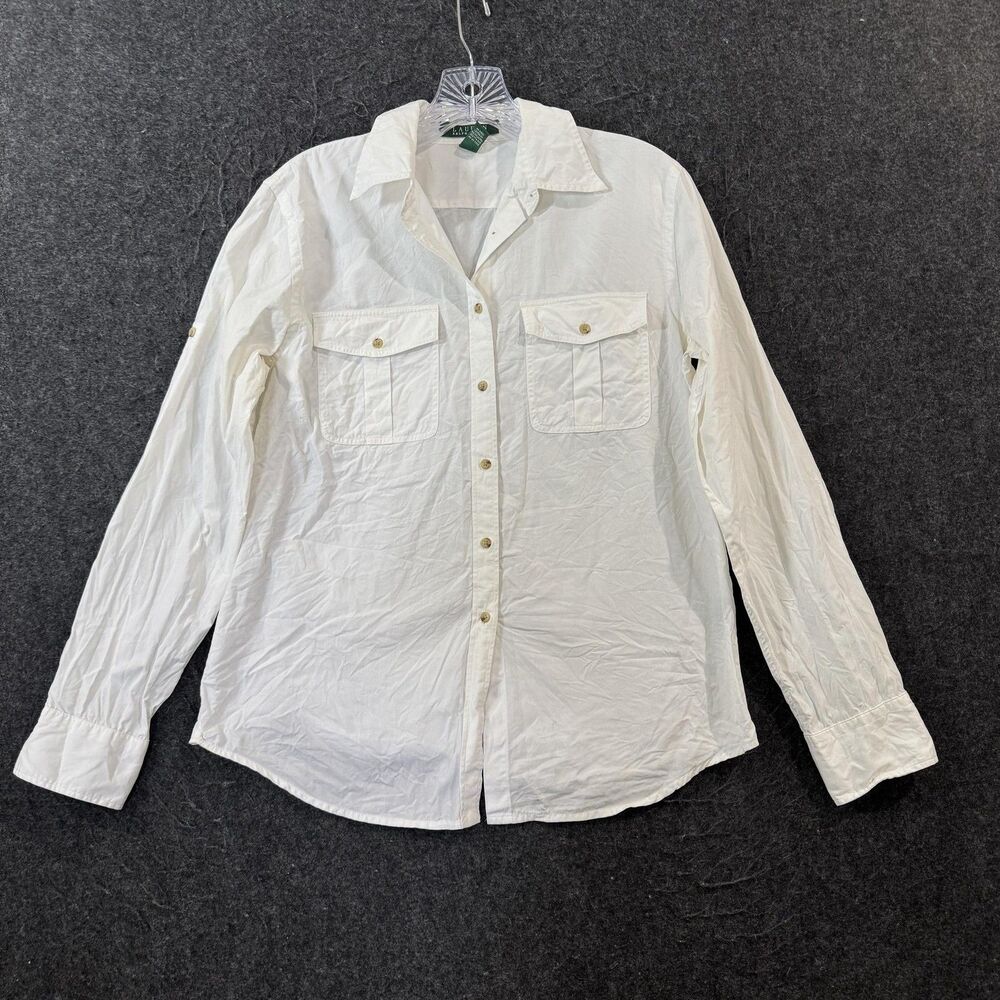 Lauren Ralph Lauren Shirt Women's Small White 100% Cotton Button Up Long Sleeve